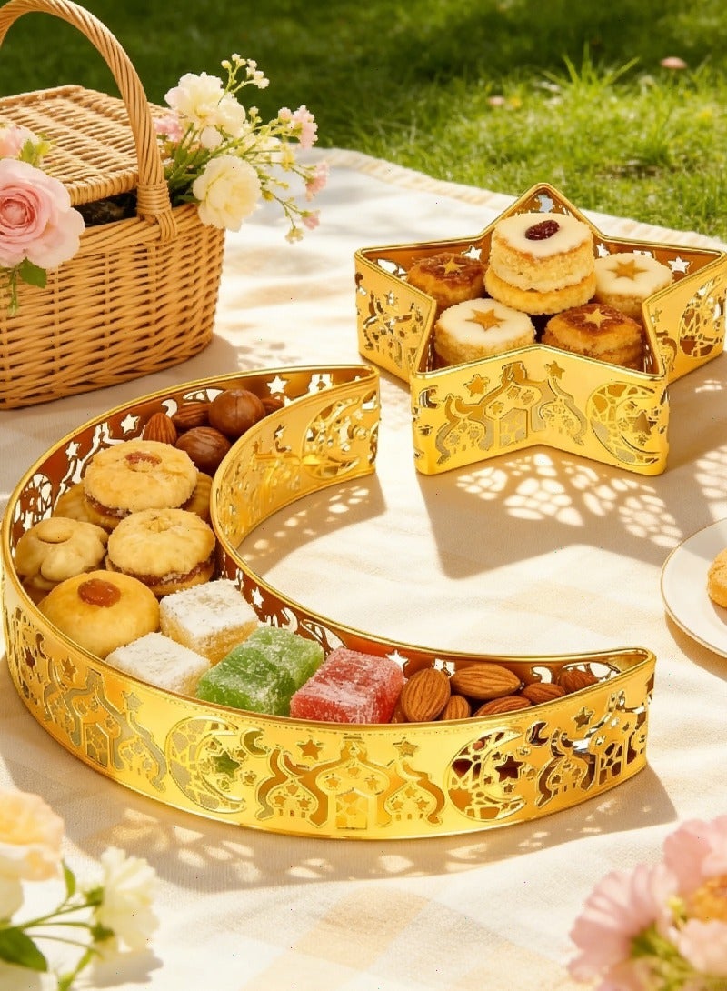 2Pcs Gold Ramadan Eid Mubarak Trays - Moon & Star Metal Serving Platters for Dessert Food Display, Muslim Party Table Decor - Image 1